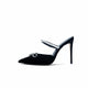 Zena Ziora luxury footwear capsule collection: Philippa pearl stiletto mule with crystal bow embellishment in black satin. Side view angle facing left.