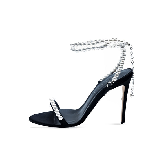 Zena Ziora luxury footwear capsule collection: Lady Antoinette pearl stiletto sandal in black satin. Side view angle facing left. 