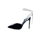 Zena Ziora luxury footwear capsule collection: The Dame pearl stiletto heel with crystal rectangular diamond embellishment in black satin. Side view angle facing left. 