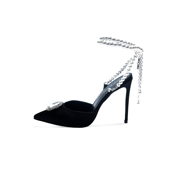 Zena Ziora luxury footwear capsule collection: The Dame pearl stiletto heel with crystal rectangular diamond embellishment in black satin. Side view angle facing left. 
